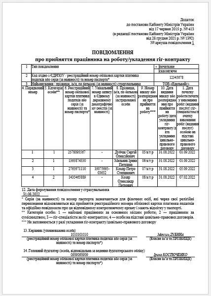 Повідомлення про прийняття працівника на роботу 2023